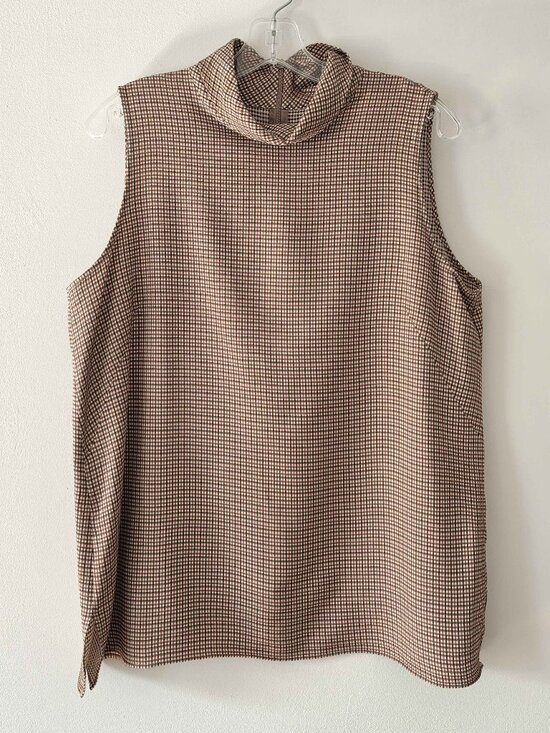 Lafayette 148 New York Tops - Lafayette 148 Plaid Checkered Brown Tan Mock Cowl Neck Sleeveless Blouse XL